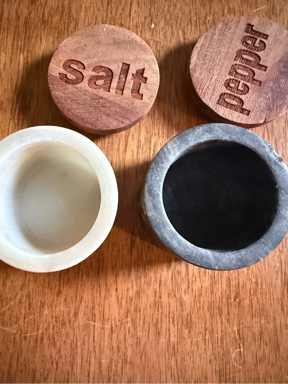 Wood Top Salt & Pepper Ceramic Jars - White & Black